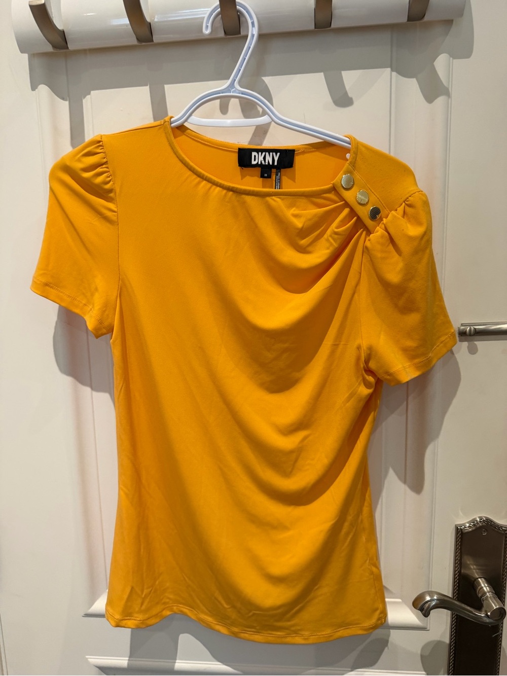 DKNY Yellow Short Sleeve Drape Top with Shoulder Buttons
